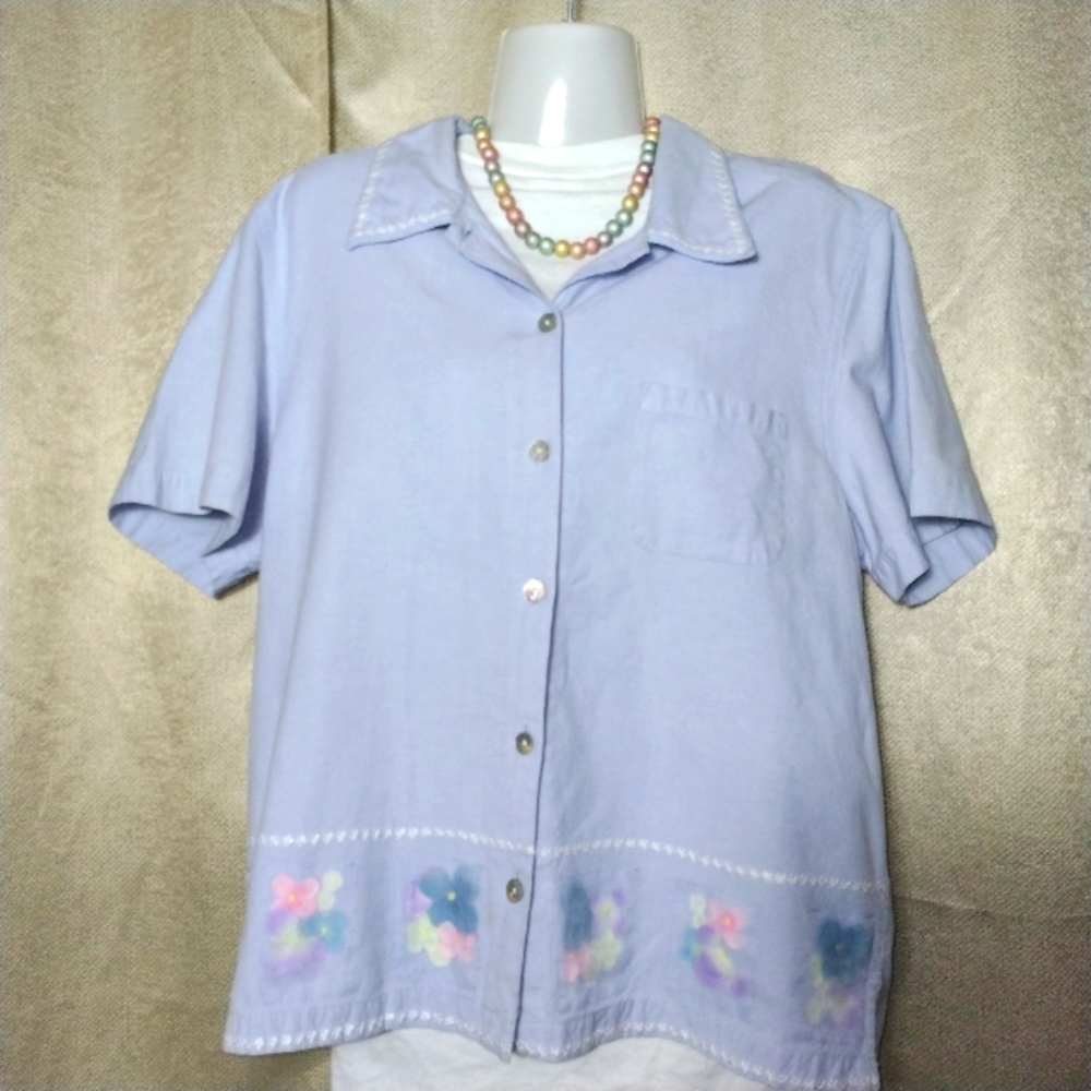 Lemongrass 100%Cotton Blue Floral Shirt  Mother  of Pearl Buttons and Em…